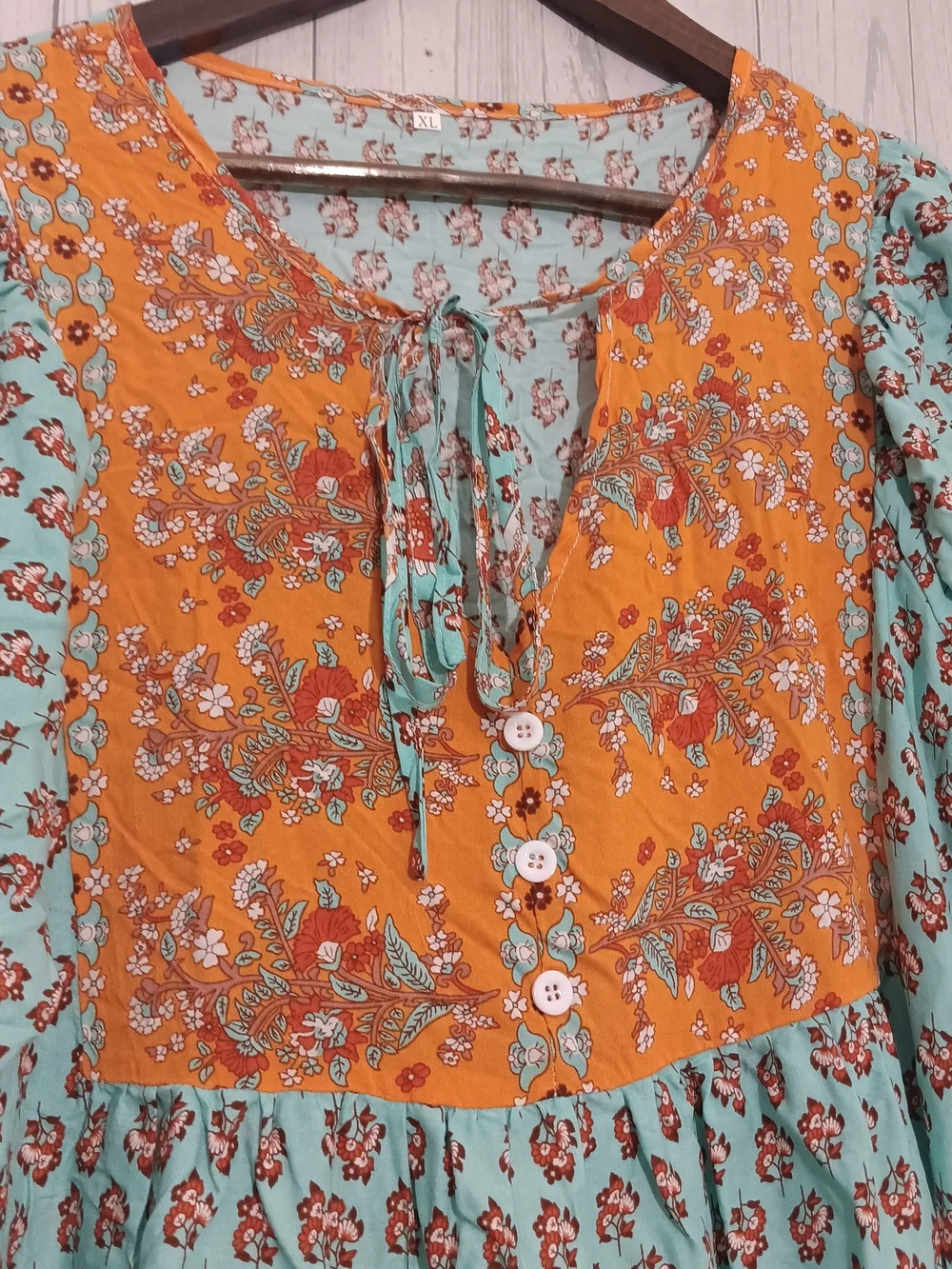 Boho Floral Tiered Dress in Turquoise & Orange Sz XL